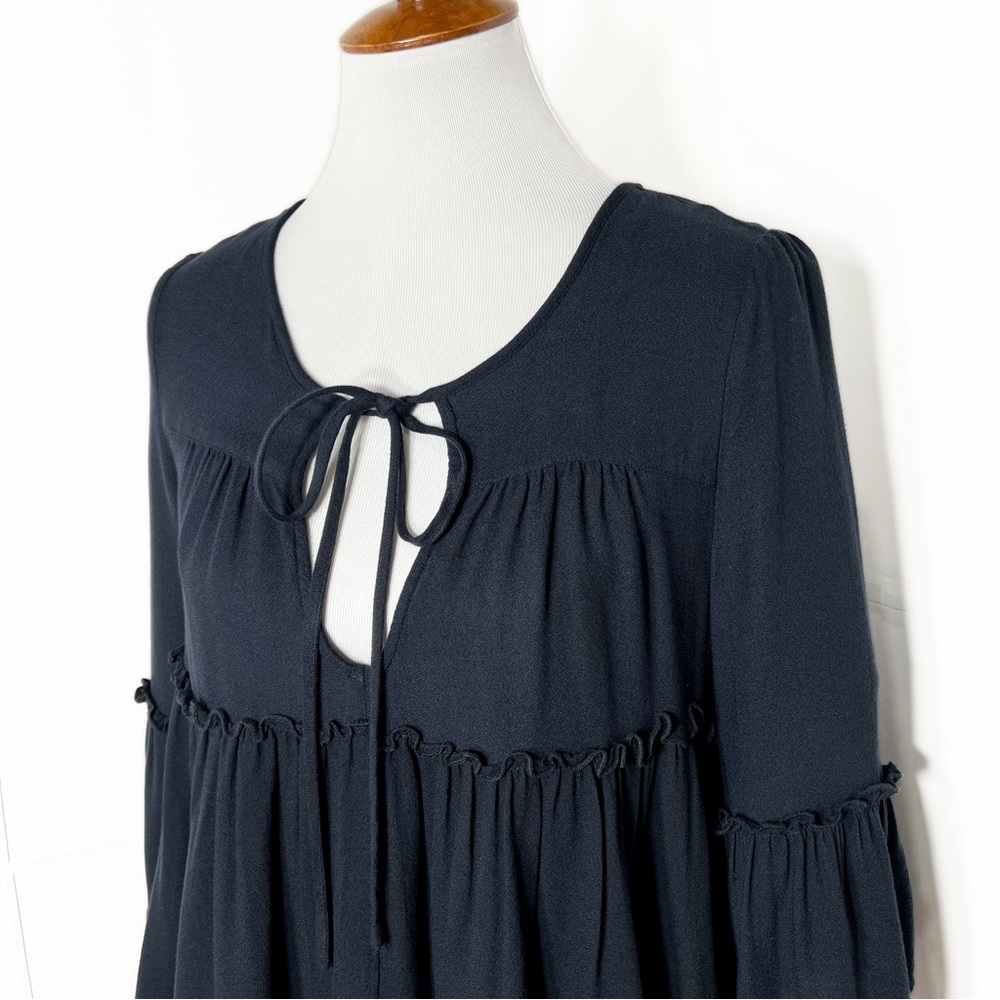 SOLD-Romeo+Juliet Couture Navy Blue Ruffled Tiered Bell Sleeve Tie Neck Top - Picture 2 of 10